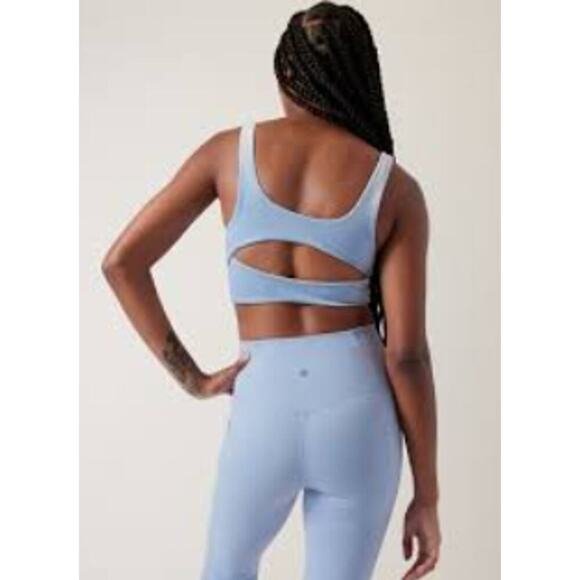 Athleta Velvet Cut Out Crop Long Line Heron Blue Sports Bra Size XS - Picture 2 of 5